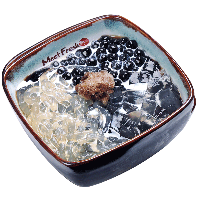 Icy Grass Jelly with Jelly Noodle, Melon Jelly, Boba, Grass Jelly, and Grass Jelly Flavored Shaved Ice