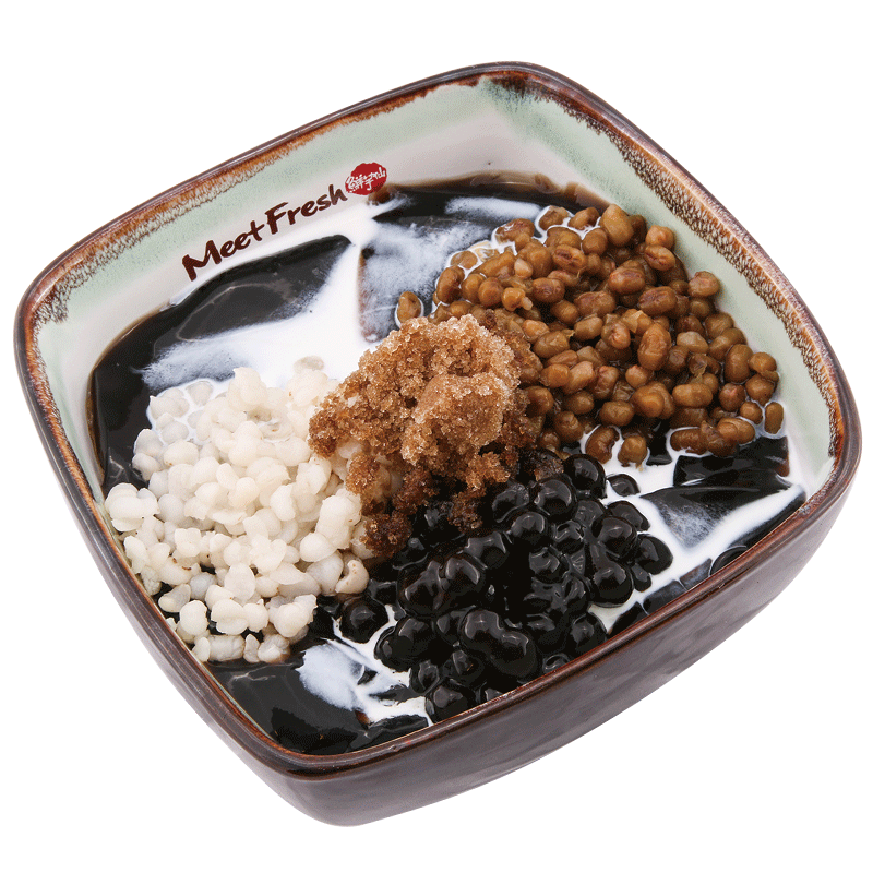 Icy Grass Jelly with Mung Beans, Barley Boba, Grass Jelly, Grass Jelly Flavored Shaved Ice