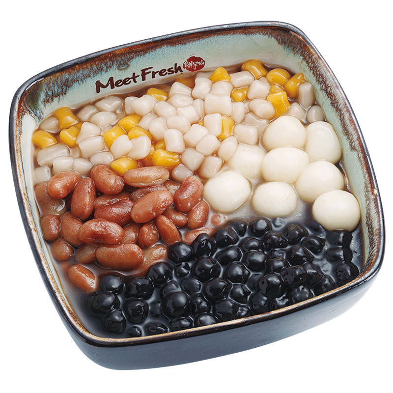 Hot Grass Jelly with Kidney Beans, Rice Balls, Boba, Mini Taro Balls, and Grass Jelly Soup