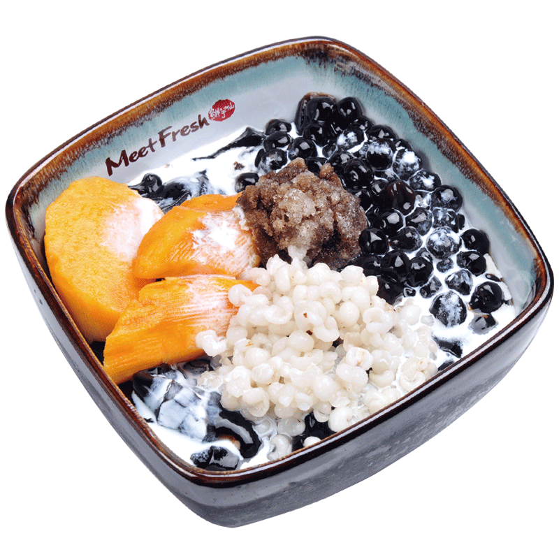 Icy Grass Jelly with Sweet Potato, Barley, Boba, Grass Jelly, Grass Jelly Flavored Shaved Ice