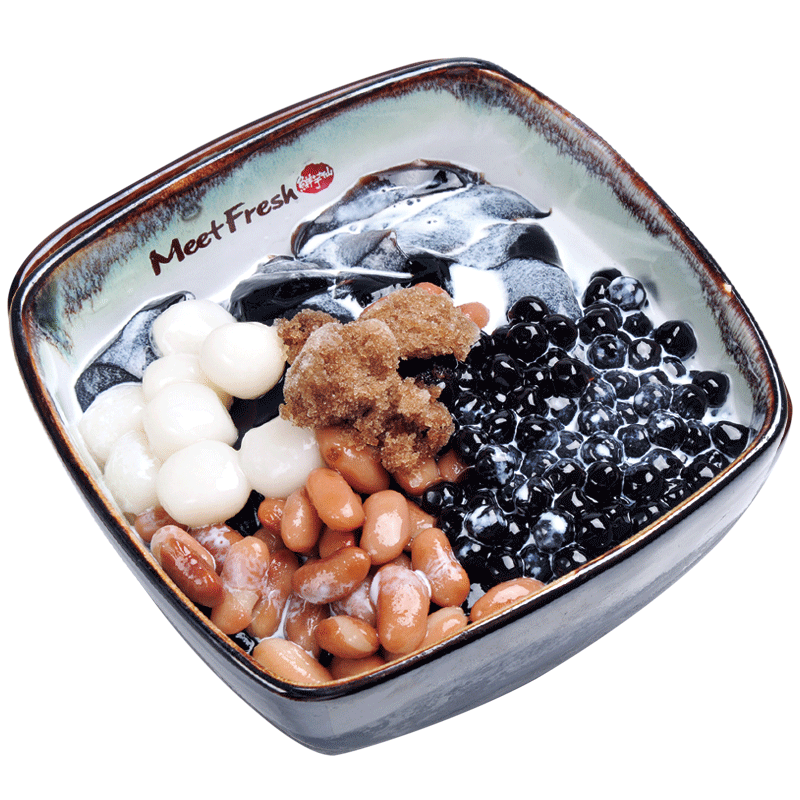 Icy Grass Jelly with Kidney Beans, Rice Balls, Boba, Grass Jelly, and Grass Jelly Flavored Shaved Ice