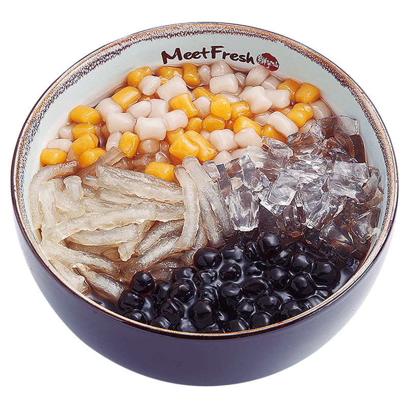 Hot Grass Jelly with Jelly Noodle, Melon Jelly, Boba, Mini Taro Balls, and Grass Jelly Soup