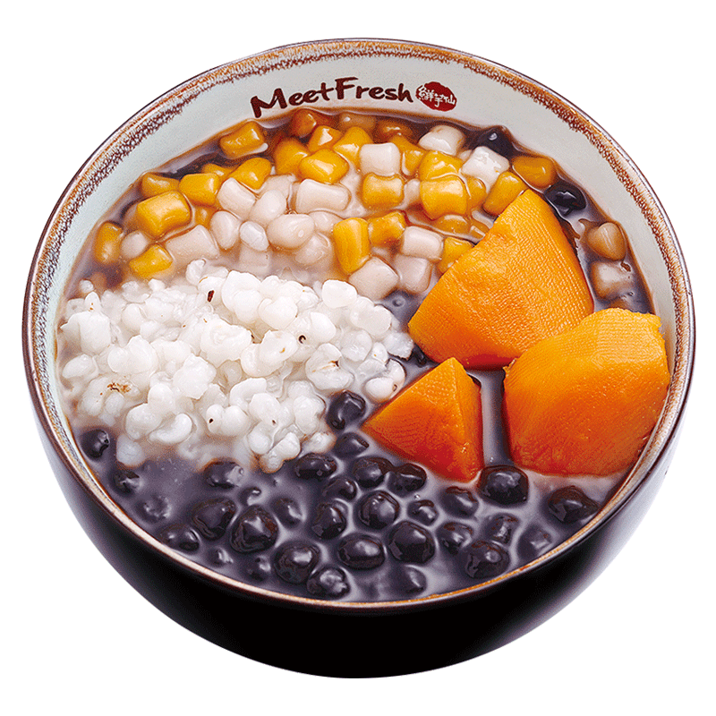 Hot Grass Jelly with Sweet Potato, Barley, Boba, Mini Taro Balls, and Grass Jelly Soup