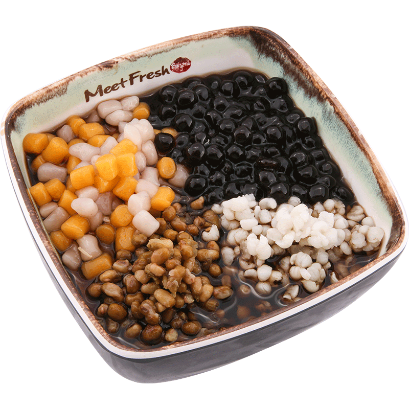 Hot Grass Jelly with Mung Beans, Barley, Boba, Mini Taro Balls, and Grass Jelly Soup