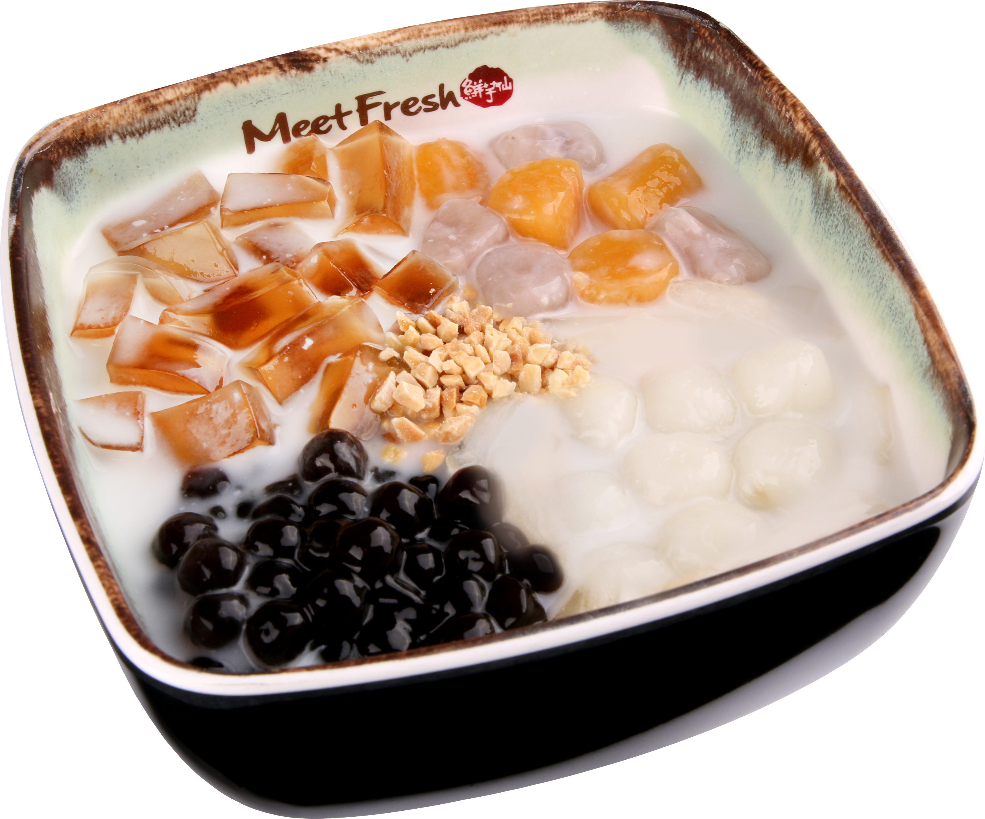 Hot Almond Soup Combo C, Melon Jelly, Rice Balls, Boba, Taro Balls, Almond Flakes, Hot Almond Soup